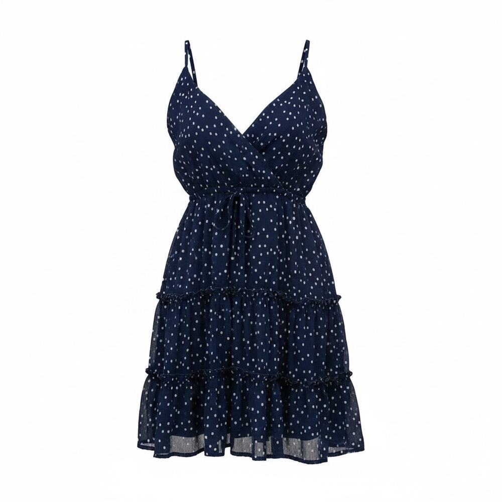 FOREVER 21 Womens Medium Navy Blue Polka Dot Tiered Chiffon Cami Mini Dress